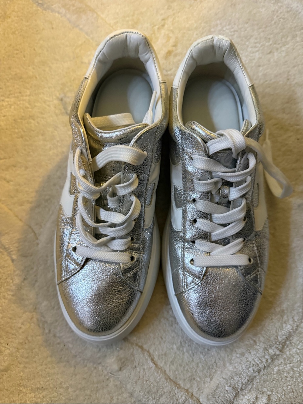 Hogan Women's Silver Metallic & White Lace-Up Sneakers